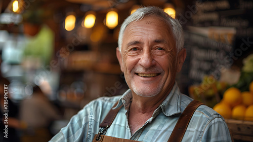 portrait of mature shopkeeper looking at camera, smiling, entrepreneur photo