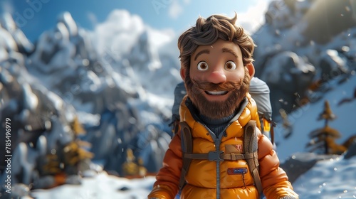 3D cartoon man with a beard and a backpack hiking, mountain trail background
