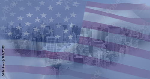 Image of waving usa flag against 3d city model