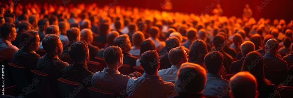 A packed auditorium with individuals captivated by a speaker, bathed in dramatic red light that creates a focused atmosphere - obrazy, fototapety, plakaty 