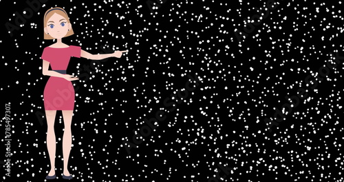 Image of illustrative female pointing and snowfall against black background photo