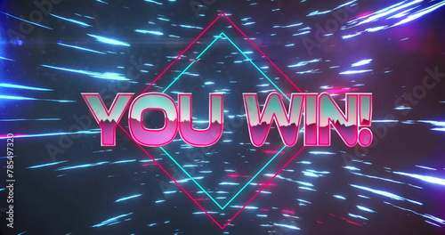 Image of you win text over neon pattern background