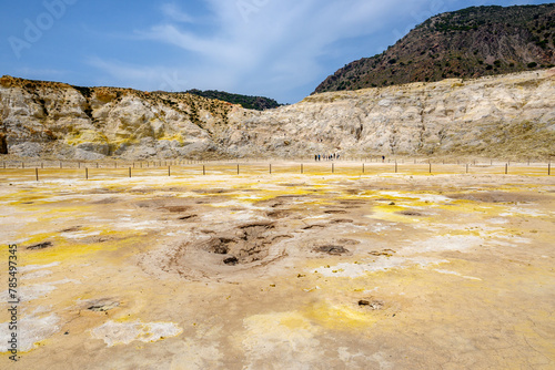 Hot geysers with sulfur and mud in the Stefanos crater on Nisyros island in Greece