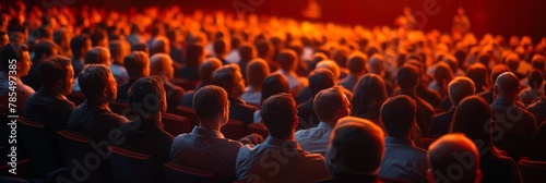 A packed auditorium with individuals captivated by a speaker, bathed in dramatic red light that creates a focused atmosphere