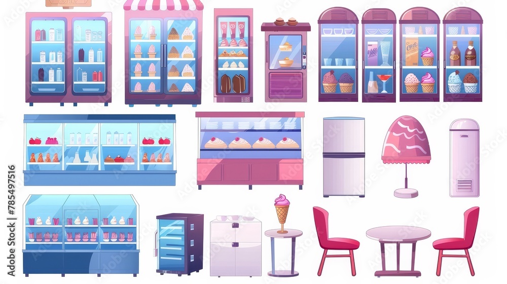 Set of ice cream shop interior equipment. Fridge showcase with a variety of flavors, refrigerators, coffee table with chairs and lamps above isolated on a white background. Set of ice cream shop interior equipment. Fridge showcase with a variety of flavors, refrigerators, coffee table with chairs and lamps above isolated on a white background.