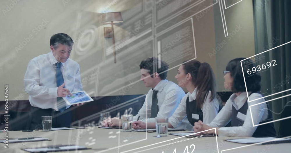 © vectorfusionart - Image of financial data processing over diverse business people in office