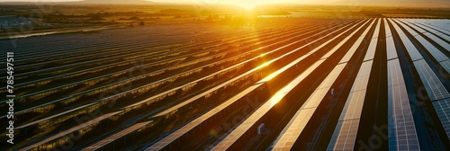 A sunset illuminates countless solar panels systematically arrayed in a large solar farm harnessing renewable energy photo