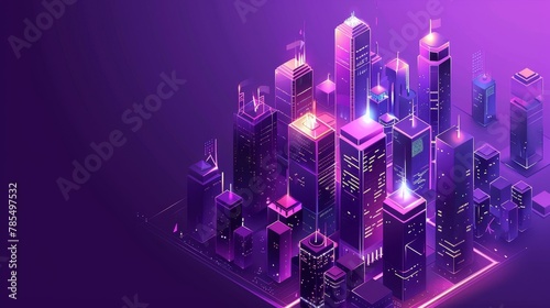 In this isometric web banner, you will see a futuristic smart city town with tall neon glow in the sky skyscraper buildings on a violet background. Internet of Things cyber technology, 3d modern web