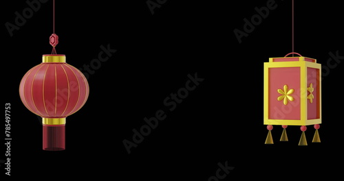 Image of chinese red lamps hanging with copy space on black background