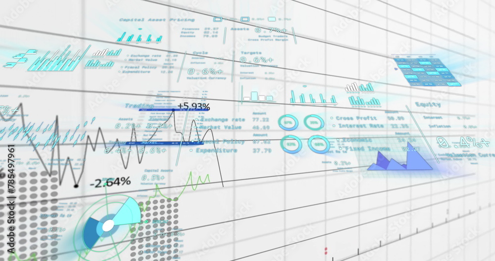 Image of financial data processing over grid on white background