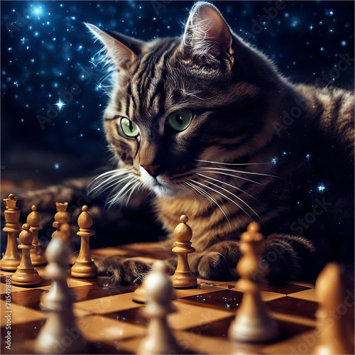 The cat plays chess.