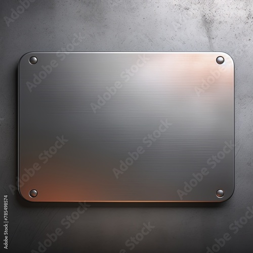Silver large metal plate with rounded corners is mounted on the wall. It is a 3D rendering of a blank metallic signboard 