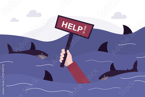 Businessman drowning in sea with sharks. Mans hand with help sign placard. Desperate business man fight against obstacle on work, financial crisis. Risk management challenge.