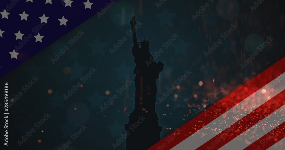 Fototapeta premium Image of american flag revealing statue of liberty and tiny glowing particles falling