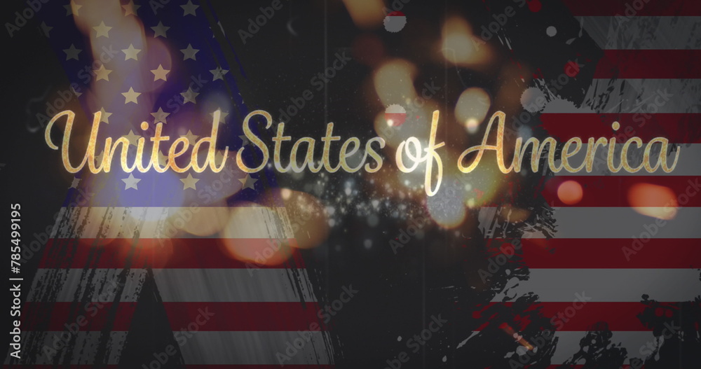 Naklejka premium Image of glowing fireworks and united states of america text over american flag