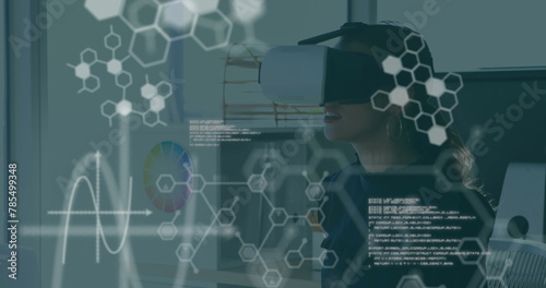 Image of chemical compounds and medical data processing over woman wearing vr headset photo