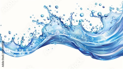 Isolated on white background, a modern realistic illustration of fresh clear water with air bubbles. A liquid splash and a pure liquid liquid flow.