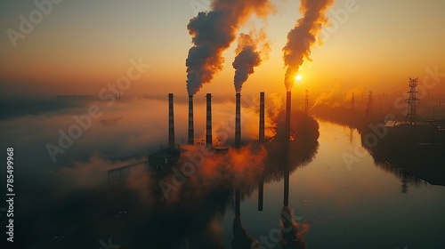 Industrial Dawn: Smokestacks Amidst a Smoggy Sunrise. Concept Industrial Design, Atmospheric Pollution, Urban Landscapes, Environmental Impact, Sunrise Photography #785499968