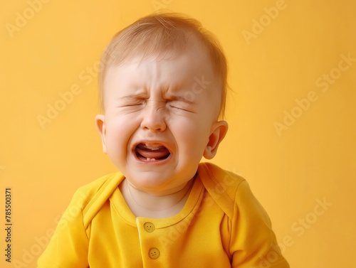 A baby crying on a yellow background.