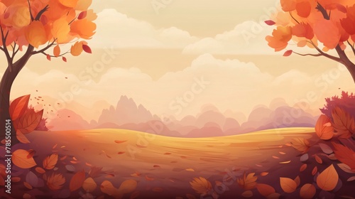 Autumn landscape background with falling leaves and fog. Vector illustration.