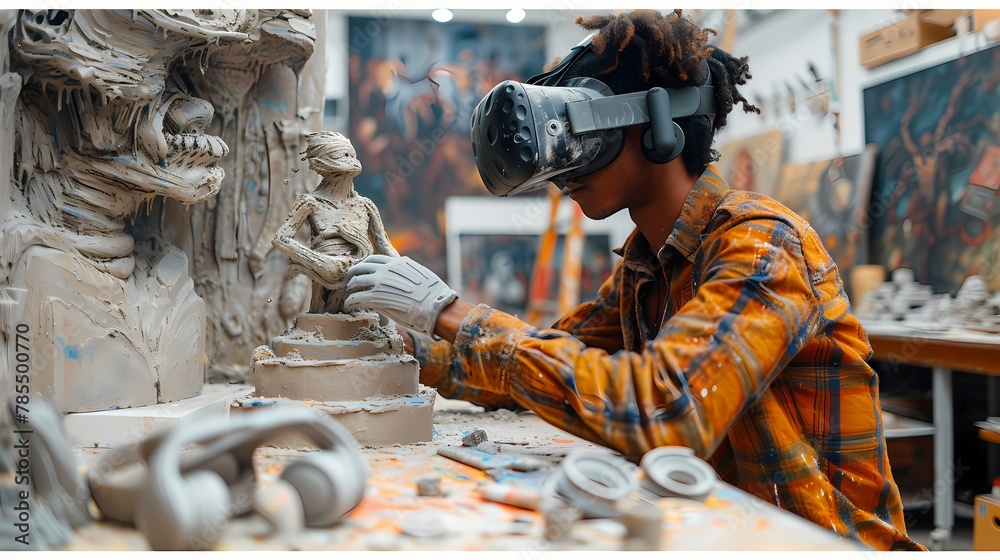 An artist working on a large canvas, using a virtual reality headset and controllers to sculpt a 3D model in a digital art studio