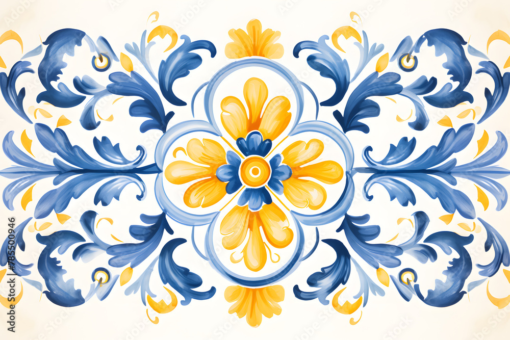 Pattern of azulejos tiles. Rustic blue and yellow tile watercolor seamless pattern Pattern of azulejos tiles. Rustic blue and yellow tile watercolor seamless pattern