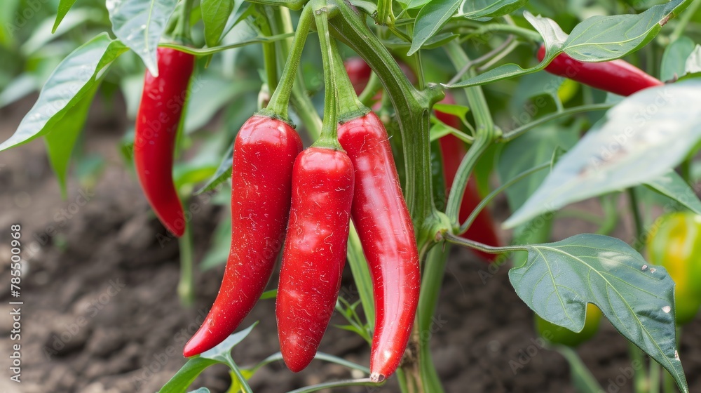 Vibrant red chilli peppers maturing in lush greenhouse, displaying glossy and crisp appearance Vibrant red chilli peppers maturing in lush greenhouse, displaying glossy and crisp appearance
