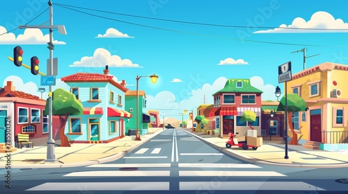 Houses, a city street with pedestrian crosswalks, traffic lights, pedestrian crossings, and a scooter delivering goods next to a store. Modern cartoon cityscape, urban landscape with residences and © Mark