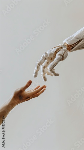 interaction between artificial intelligence and man reaching out photo