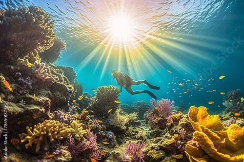 Underwater view of a beautiful coral reef with a man swimming underwater © Hawk