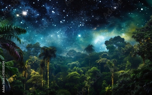 The beauty of the night sky with stars and galaxies in the tropical forest.