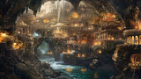 Underground city with river and rooms fantasy 