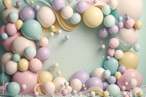 3d render, abstract background with pastel colored balloons and confetti