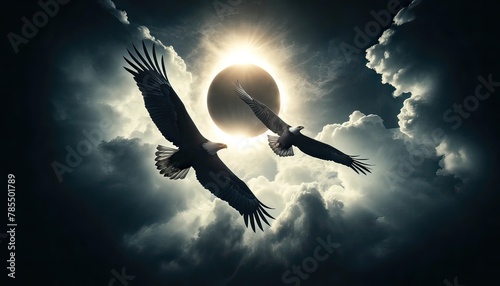 Eagles Flying in Solar Eclipse Dramatic Sky