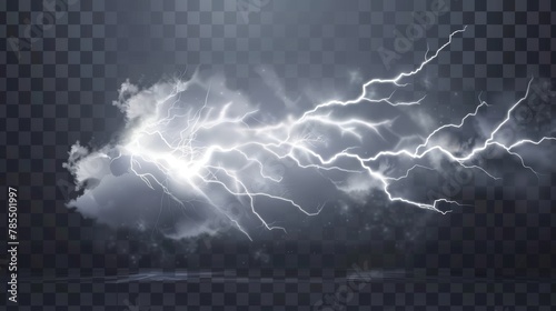 Lightning strikes and thunderclouds, electric discharge and storm clouds, impact place or magical energy flash. Meteorology thunderbolt realistic 3d modern impulse isolated on transparent background. photo
