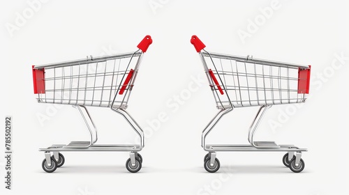 A realistic 3d modern illustration of a shopping cart, top view and side view. Empty supermarket cart isolated on white background. Customers' equipment for buying in retail shops, grocery stores,