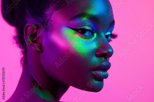 Vibrant Portrait of a Black Woman with Ultraviolet Face Paint in a Studio