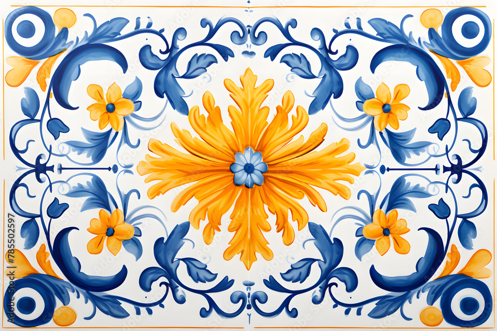 Obraz premium Pattern of Portuguese azulejos tiles. Rustic blue and yellow tile watercolor seamless pattern