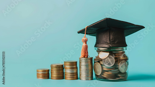 Wallpaper Mural Investment in knowledge and knowledge increases investment returns, graduation cap on saving coins on blue background Torontodigital.ca