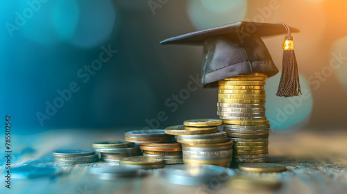 Investment in knowledge and knowledge increases investment returns, graduation cap on saving coins on blue background