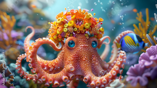 An octopus, sporting a colorful coral crown, hosting an underwater dance party with fellow marine creatures, 3D Animation style © OHMAl2T