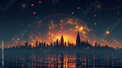 An abstract cityscape depicting a starry sky. The cityscape is created from points, lines, and shapes resembling planets, stars and the universe.