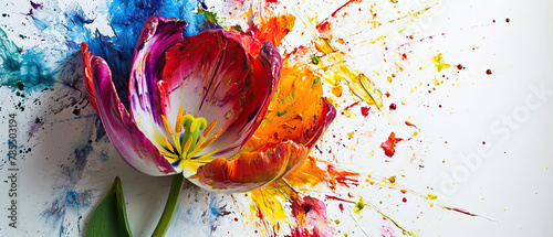 A vibrant painting featuring a colored flower with detailed petals, set against a white background. This creative artwork showcases the beauty of a flowering plant through art paint photo