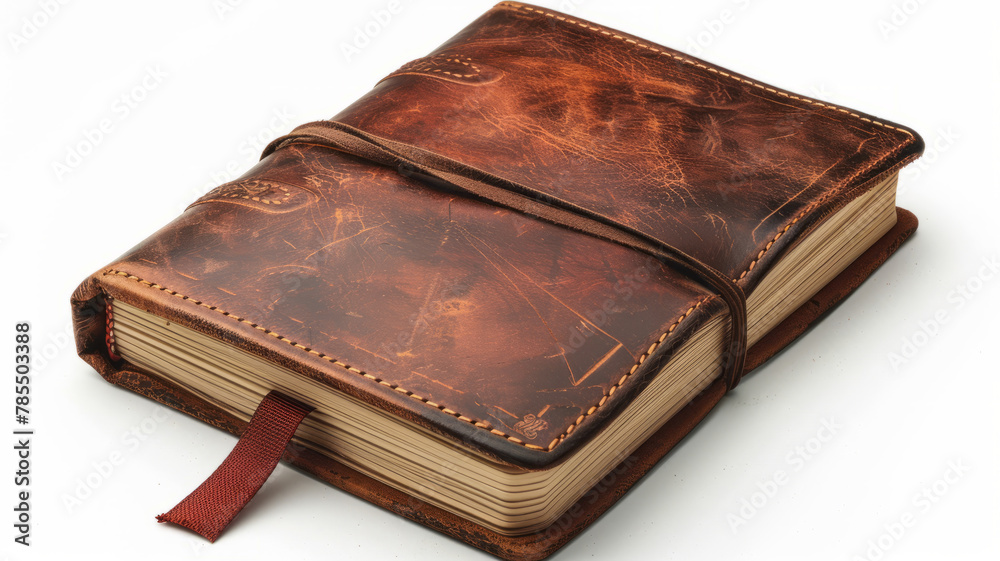 A closed leather journal with a bookmark. A closed leather journal with a bookmark.
