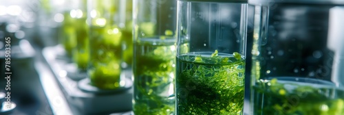 Brightly lit laboratory flasks containing vibrant green microalgae, depicting biotechnology, scientific research, and environmental science