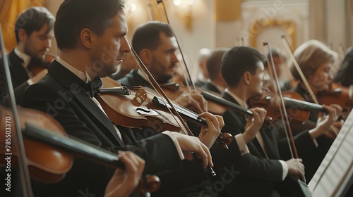 a group of people playing orchestral music in the form of piano, violin and others photo