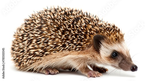 Lonely hedgehog on white background, isolated small spiky mammal for design projects