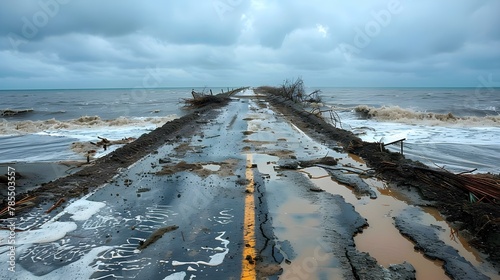 El Niño's Fury: Ravaged Coastal Highway Amidst Storm. Concept Severe Weather, Coastal Damage, Emergency Response, Storm Recovery, Infrastructure Repair photo