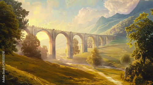 Video of a bright fantastic landscape with an aqueduct