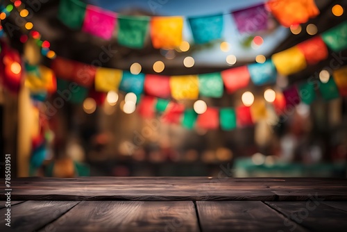  Empty wooden table with Mexican fiesta background out of focus 